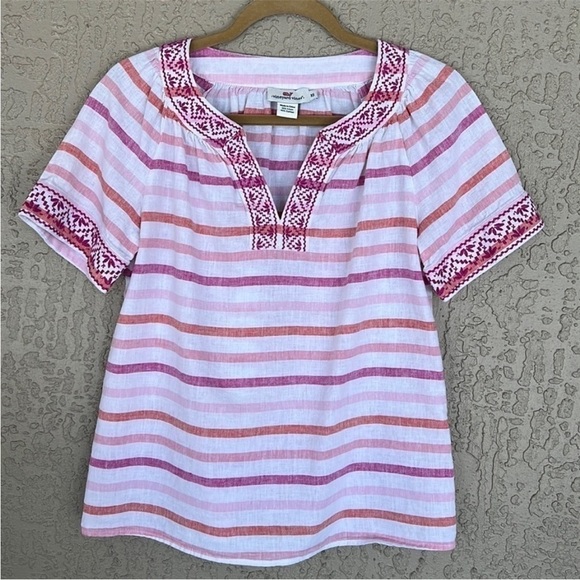 Vineyard Vines Cotton Linen Blend Embroidered Detail Gustavia Stripe Top - Picture 1 of 9